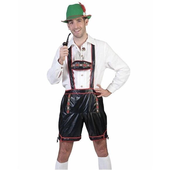 Costume Lederhosen Mens Black Leather Look Shorts W/Suspender Elastic Waist L-XL - Picture 1 of 16